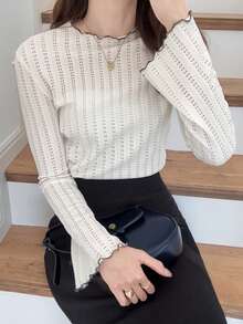 FRIFUL 女士镂空纹理喇叭袖撞色滚边长袖T恤 - 白色 - 查看 8