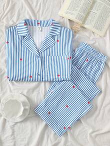 SHEIN 少女两件套睡衣，优雅条纹舒适上衣和长裤，甜美爱心印花，百搭家居服 - 藍白色 - 查看 1