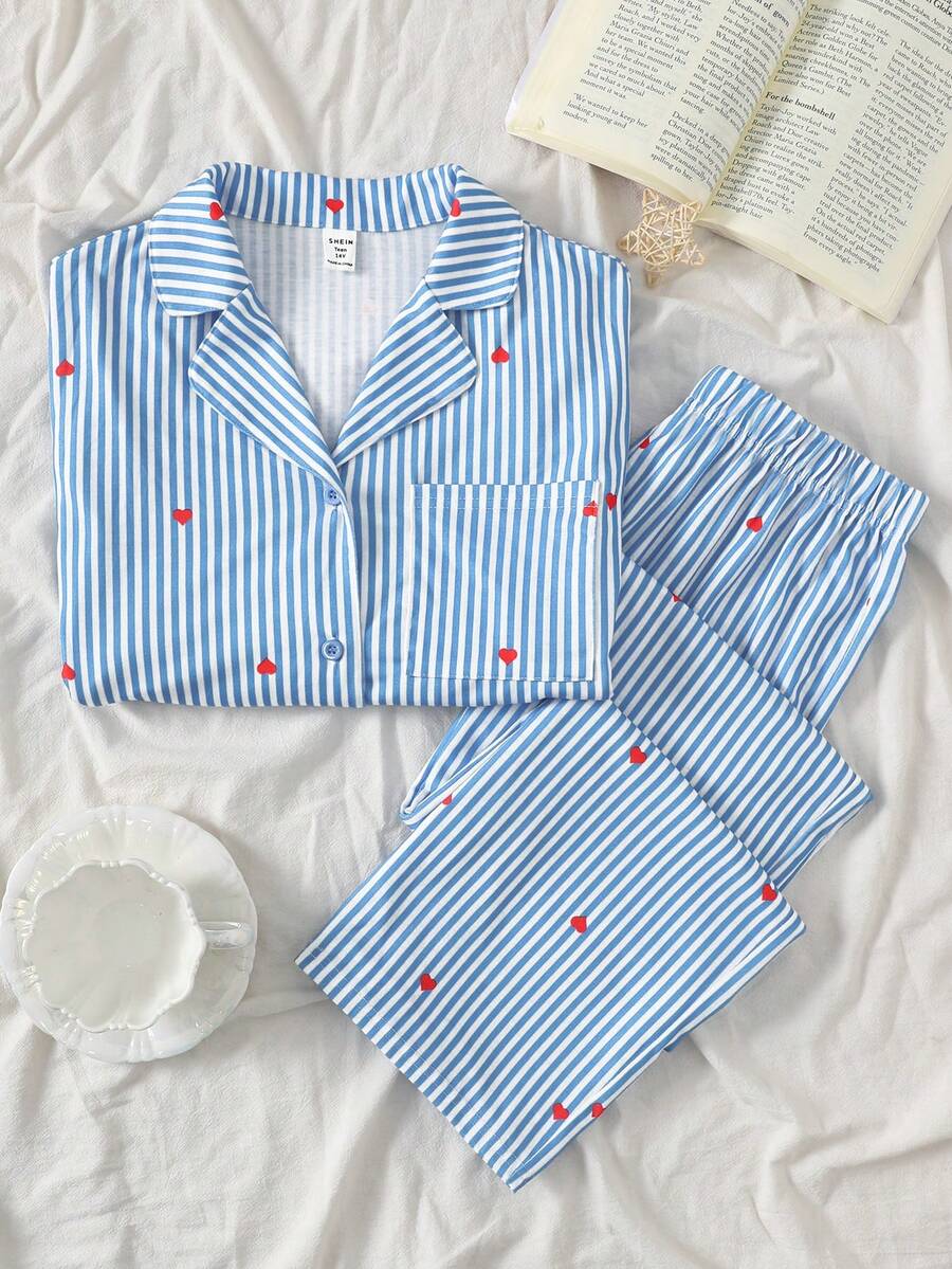 SHEIN 少女两件套睡衣，优雅条纹舒适上衣和长裤，甜美爱心印花，百搭家居服 - 藍白色 - 查看 1