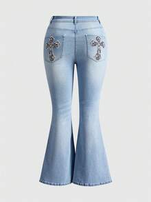 ROMWE Grunge Punk Quần jeans ống loe thêu chữ thập giặt thường cỡ lớn - Màu xanh nhạt - Xem 1