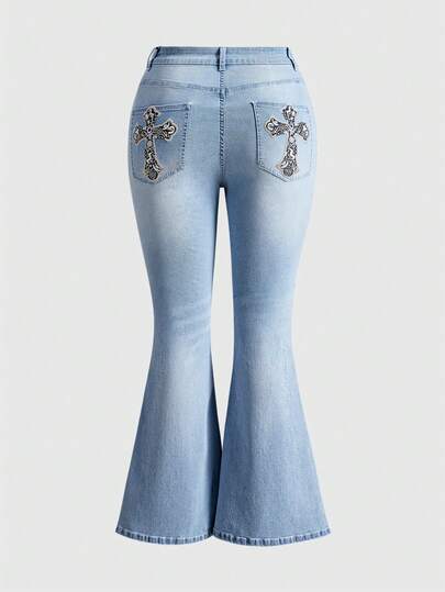 Grunge Punk Jeans évasés casual lavés avec broderie croisée grande taille