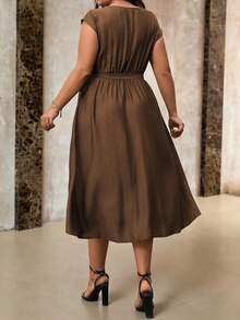 Roveilla 大码女装春夏单面竹纤维针织优雅亚麻度假沙滩连衣裙，欧美风休闲派对圆领露肩荷叶边腰部系带蝴蝶结后背弹力宽松落肩长款连衣裙，棕色婚礼宾客连衣裙，棕色优雅中长连衣裙，咖啡棕色连衣裙，优雅中长连衣裙，大地色系连衣裙 - 棕色 - 查看 2