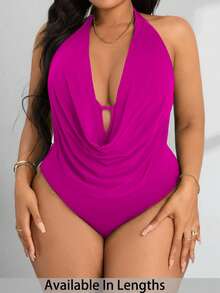 SHEIN PETITE CURVE Body cu imprimeu halter, drapat în față, fără spate, pentru femei, mărime mare - Violet - Vizualizare 1