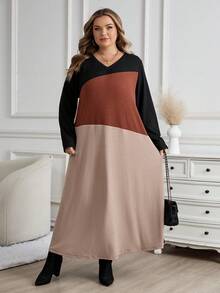 SHEIN CURVE+ Plus Size Color Block Round Neck Long Sleeve Loose Elegant Casual Dress, Autumn/Winter - Multicolor - View 5