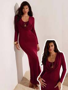 Opulessa Damen Einfarbiges Kleid mit drapiertem Ausschnitt, langem Ärmel und figurbetonter, sexy Passform - Bordeaux - Übersicht 7