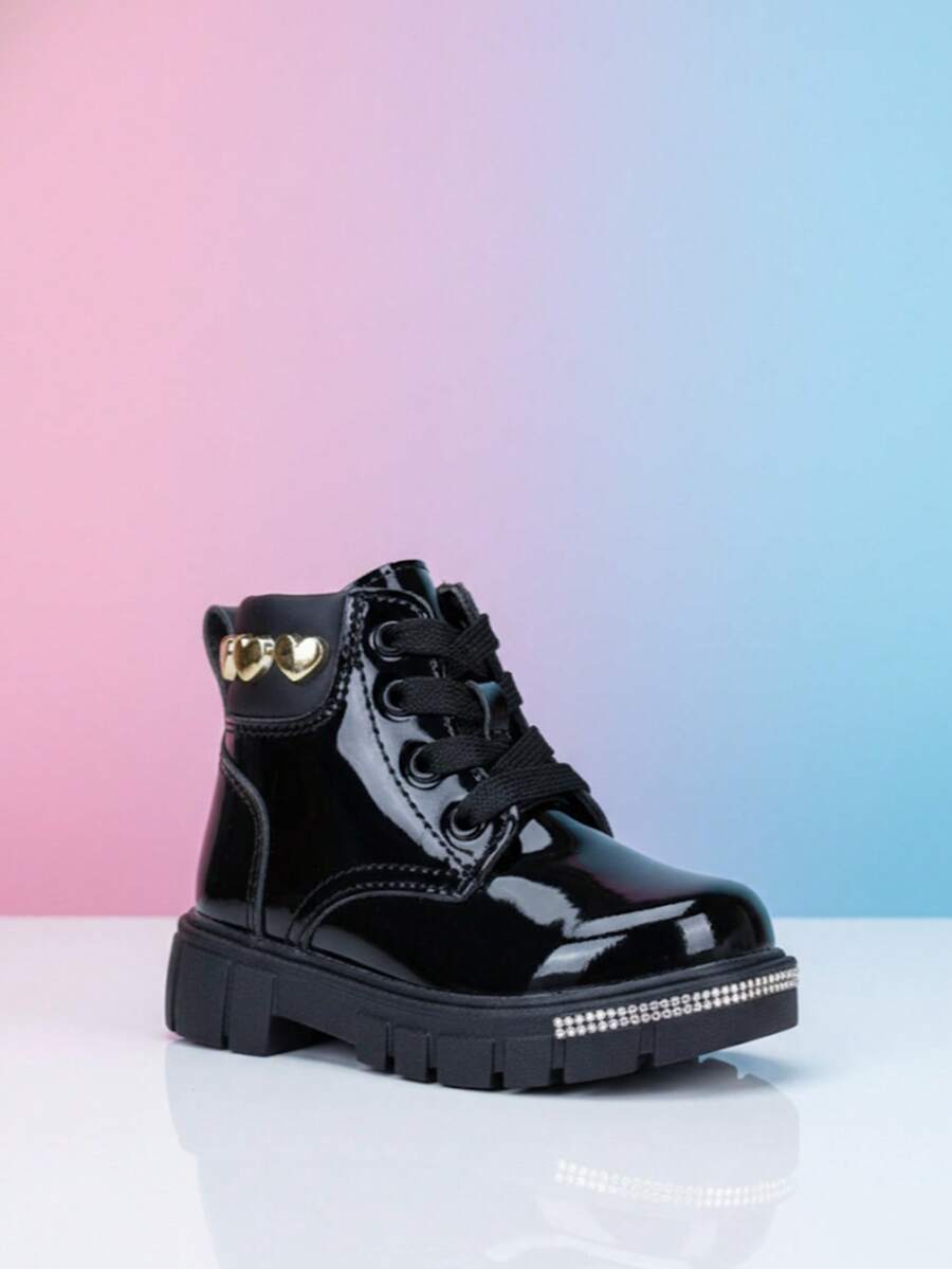 1 Par de Botas de Charol Negro, Zapatos de Moda con Cordones para Niñas, Botas Cómodas y con Suela Antideslizantes, Botas para Uso Diario. - Negro - Ver 1