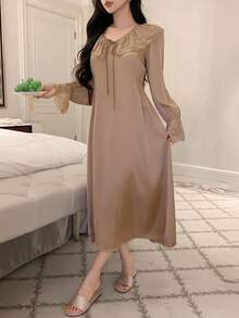 DAZY Váy ngủ dài thắt eo bằng ren satin quyến rũ dành cho nữ, mùa đông - màu nâu - Xem 4