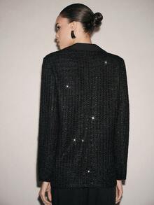 SHEIN ChicEase 女士优雅亮片装饰西装外套，适合节日派对、约会及其他场合，秋冬季穿着 - 黑色 - 查看 2