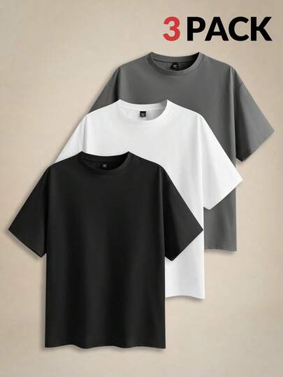 Athstrex 3pcs/Set Men Plus Size Solid Color Fitted Crew Neck Short Sleeve T-Shirts Suitable For Summer Daily Wear, Vacation, Father's Day Gifts, Football