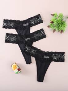 3pcs/Pack Fashionable Sexy Lace Patchwork Rhinestone Thong Panties - Black - View 1