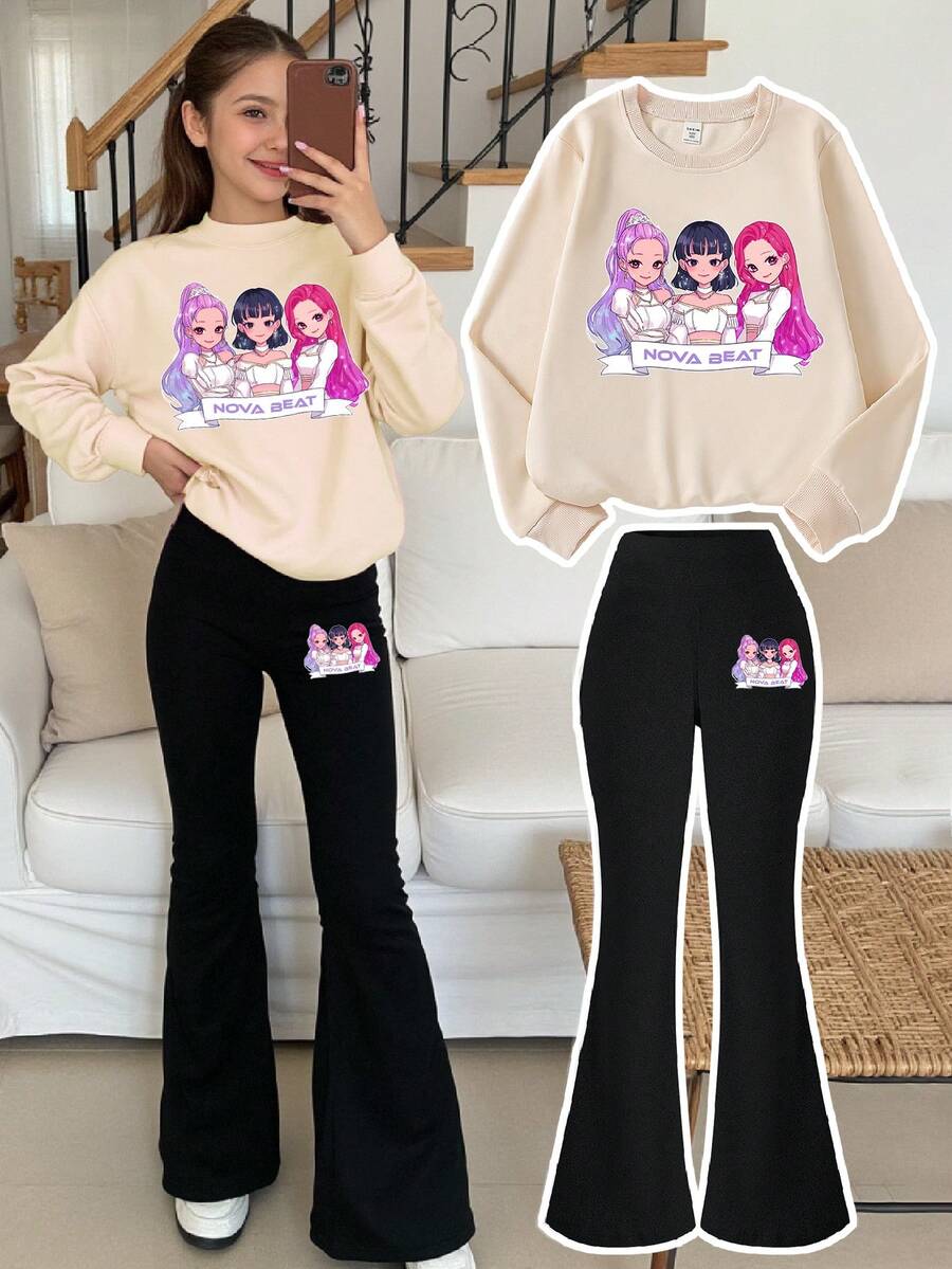 SHEIN 2件套女童休闲韩流卡通人物印花卫衣和黑色打底裤套装,秋冬装,韩流粉丝及日常穿着皆宜 - 彩色 - 查看 1