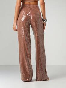 MISSGUIDED Sequined High-Waisted Wide Leg Palazzo Trousers For Evening Party Occasions - Khaki - View 2