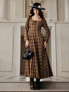 Anewsta Savoree Vestido elegante y vintage con mangas abullonadas a lunares y cuadros, adecuado para otoño, invierno, Año Nuevo, fiestas, bodas - Marrón - Ver 5