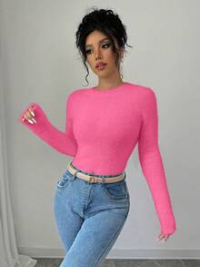 Rafferiza Solid Color Round Neck Raglan Sleeve Fitted Casual Knit Pullover Sweater - Hot Pink - View 3