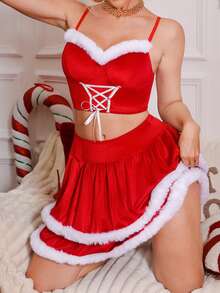 Fantasy Costume Fantasy Costume 2 件圣诞性感兔毛装饰系带双层芭蕾舞裙内衣套装 - 紅白色 - 查看 5