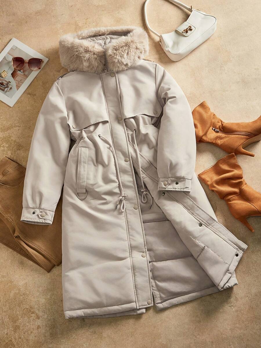 Anewsta Abrigo parka grueso y largo con cuello de piel sintética esponjosa, forro acolchado, cordón ajustable en la cintura, ropa de exterior para mujer