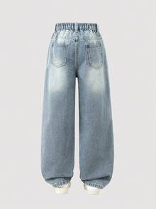 Denimly 男童休闲日常都市街头个性涂鸦印花松紧腰拉链口袋工装裤 - 淺色水洗藍 - 查看 3