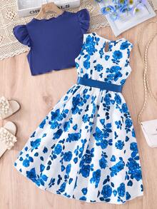 SHEIN 2pcs/Set Tween Girl Elegant Cap Sleeve Beaded Top And Floral ...