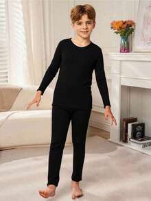 SHEIN 2pcs Kids/Tween Boys Casual Solid Color Crew Neck Long Sleeve Pullover Top And Pants Knit Set Snug Fit Excellent Elasticity
