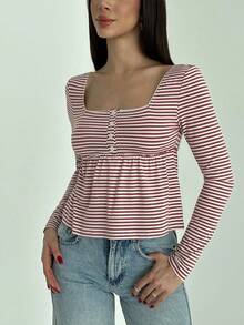 Aloruh Camisa casual de mujer de manga larga con botones frontales y rayas retro - Rojo - Ver 6