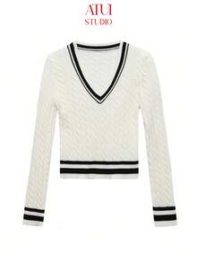 ATUI Studio 女式条纹麻花图案长袖休闲毛衣，秋季 - 白色 - 查看 2