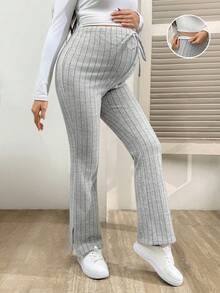 SHEIN Maternity Solid Color Adjustable Waist Ribbed Slit Leggings - Grey - View 1