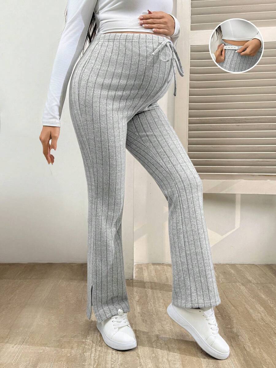 SHEIN Maternity Solid Color Adjustable Waist Ribbed Slit Leggings - Grey - View 1