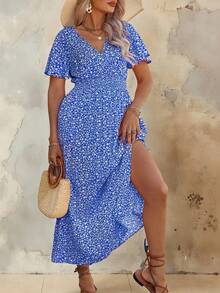 Roveilla 大码碎花连衣裙，V领设计，收腰长款女装