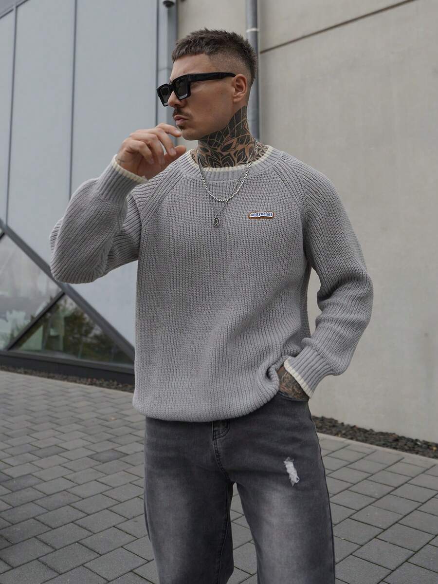 Artur Kramer 男士休闲字母图案插肩袖宽松毛衣，秋季