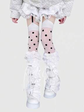 Kawaii 2 Pairs Y2K Retro Polka Dot Pop Art Sweet Lace Patchwork Bowknot Leg Warmers For Women, Suitable For College, Shopping, Commuting, Dating, Music Festivals, Etc.