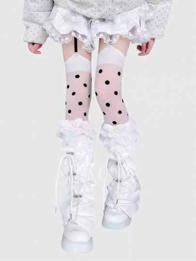 ROMWE Kawaii 2 双 Y2K 复古波点波普艺术甜美蕾丝拼接蝴蝶结女式腿套，适合大学、购物、通勤、约会、音乐节等场合。