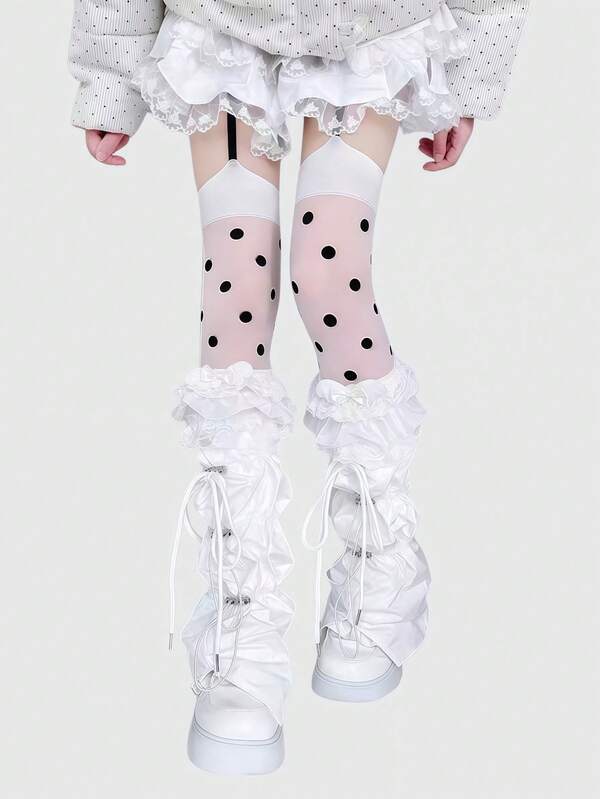 ROMWE Kawaii 2 Pairs Y2K Retro Polka Dot Pop Art Sweet Lace Patchwork Bowknot Leg Warmers For Women, Suitable For College, Shopping, Commuting, Dating, Music Festivals, Etc.