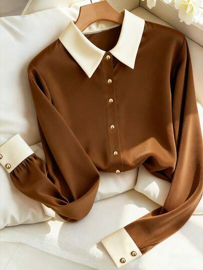 Franclia Elegante blusa de satén de manga larga con botones delanteros, cuello y parches de color marrón