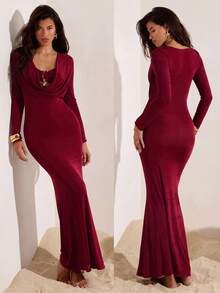 Opulessa Damen Einfarbiges Kleid mit drapiertem Ausschnitt, langem Ärmel und figurbetonter, sexy Passform - Bordeaux - Übersicht 1
