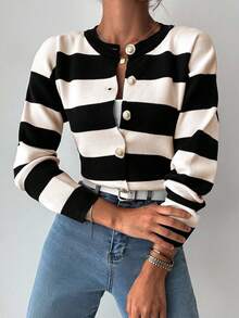 EURMUSE Women's Casual Colorblock Striped Cardigan, Autumn/Winter - Black and White - View 5