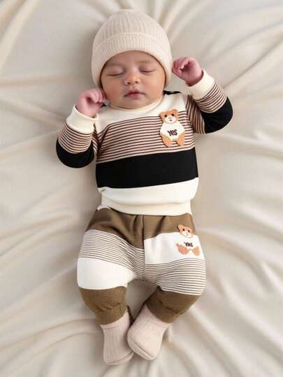 SHEIN Autumn New Arrival Newborn Baby Striped Contrast Color Top, Cute Bear Embroidery Soft & Comfy Shoulder Button Casual Baby Clothes