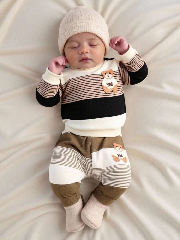 SHEIN Autumn New Arrival Newborn Baby Striped Contrast Color Top, Cute Bear Embroidery Soft & Comfy Shoulder Button Casual Baby Clothes - Khaki - View 1