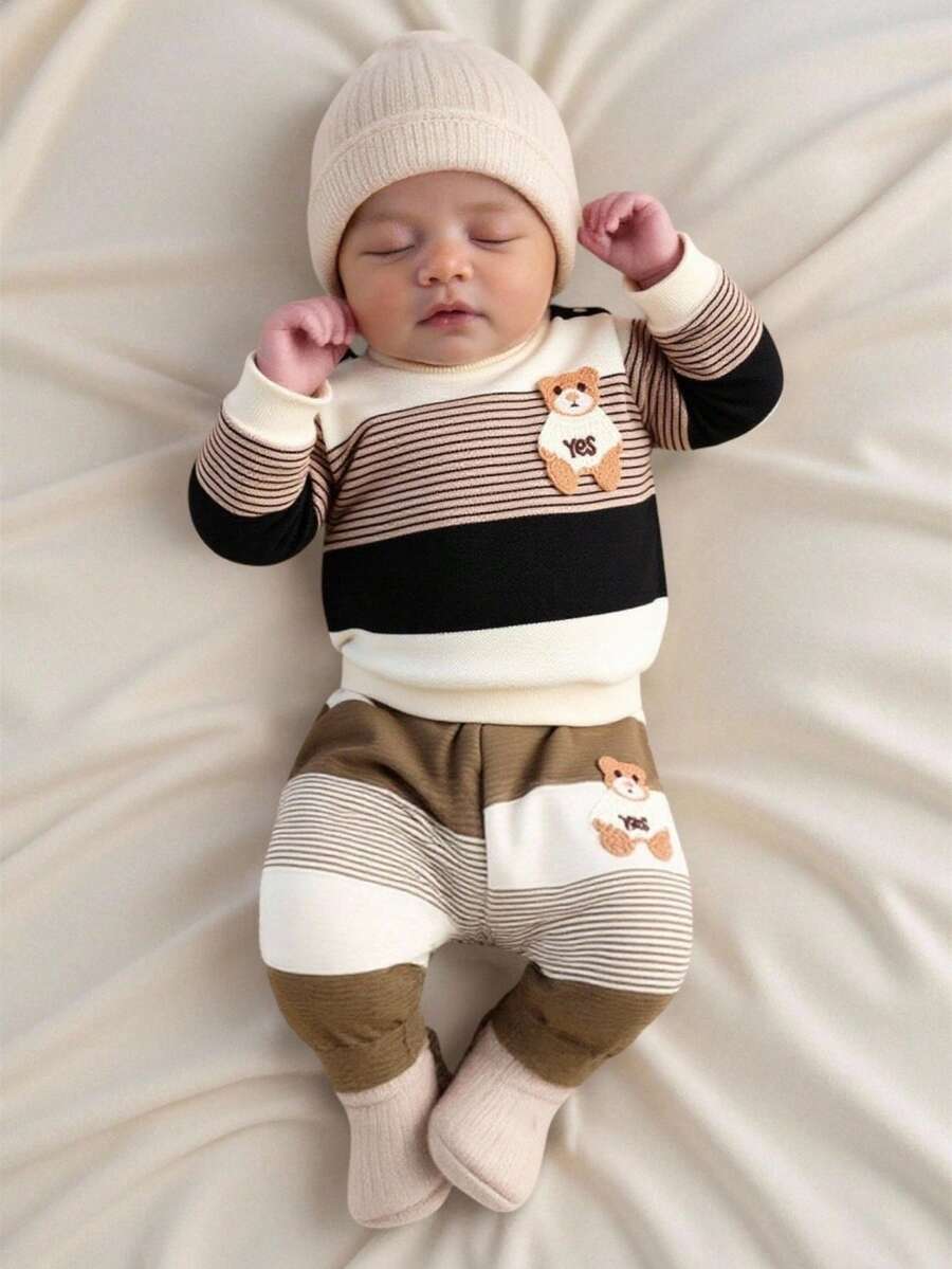 SHEIN Autumn New Arrival Newborn Baby Striped Contrast Color Top, Cute Bear Embroidery Soft & Comfy Shoulder Button Casual Baby Clothes - Khaki - View 1