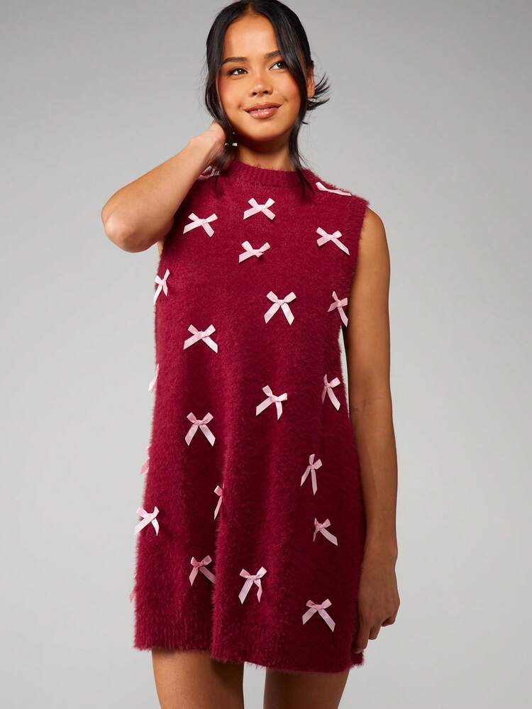MISSGUIDED Christmas Burgundy Sleeveless Knitted Mini Dress With White Bow Appliques Cozy Chunky Knit Winter Holiday Sweater Dress Christmas