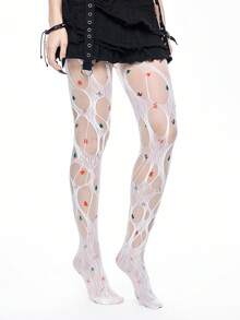 ROMWE Fairycore 2 双 Dopamine Y2K 卡通印花透明圣诞树图案紧身裤和渔网袜组合，可单独穿着或分层穿着，适合夏季音乐节 - 白色 - 查看 5