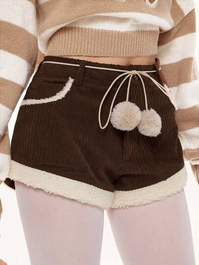 Kawaii Short en fausse fourrure marron mignon et patchwork pour femmes