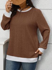 EMERY ROSE Große Größen Kontrast Farbe 2 in 1 Rundhals Dropped Shoulder Langarm Spaltung Saum Lässiges Loose Sweatshirt