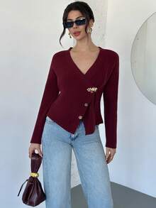 Firerie Women's Elegant Burgundy V-Neck Long Sleeve Cardigan,Autumn Office Refined Minimalist Casual Fashion Metal Button Daily Commute Christmas Knitwear - Red Violet - View 7