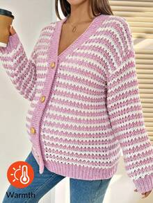 SHEIN Maternity Casual Striped Drop Shoulder Cardigan, Autumn/Winter Pink Crochet Cardigan Button Up Cardigan Women Crochet Cardigan Sweater Cardigan Summer Cardigan