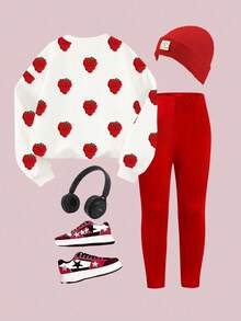 2 件年轻女孩休闲时尚甜美可爱草莓印花白色圆领运动衫和红色紧身裤套装，秋冬女童运动衫和裤子两件套，圣诞红色运动衫套装 - 彩色 - 查看 2