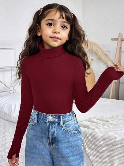 2pcs Young Girl Casual Solid Color Knit Round Neck Long Sleeve Slim Fit Top, Sibling Matching Outfits (Sold Separately)