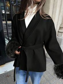 Aloruh Trendig svart överrock med fuzzy cuff, höst/vinter - Svart - Visa 5