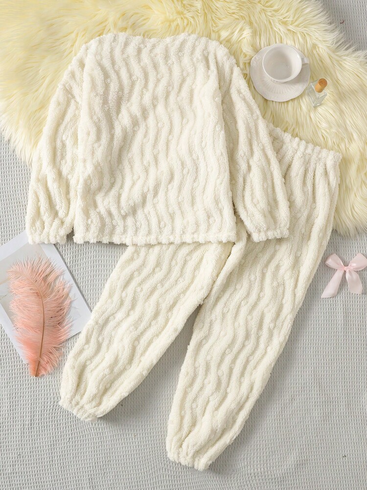 SHEIN 少女休闲双面抓绒长袖睡衣套装 - 波浪波点图案 - 杏色 - 查看 8