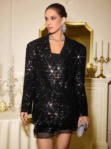 Zanirela Elegant Sequin Embellished Wide Blazer Jacket With A-Line Mesh Hem Skirt, Sophisticated Black 70's Summer Night Out Party Dress Suit - Black - View 5
