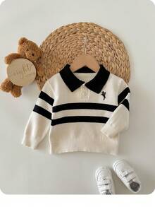 Baby Boy Contrast Stripe Drop Shoulder Half-Zip Casual Patchwork Collar Sweater